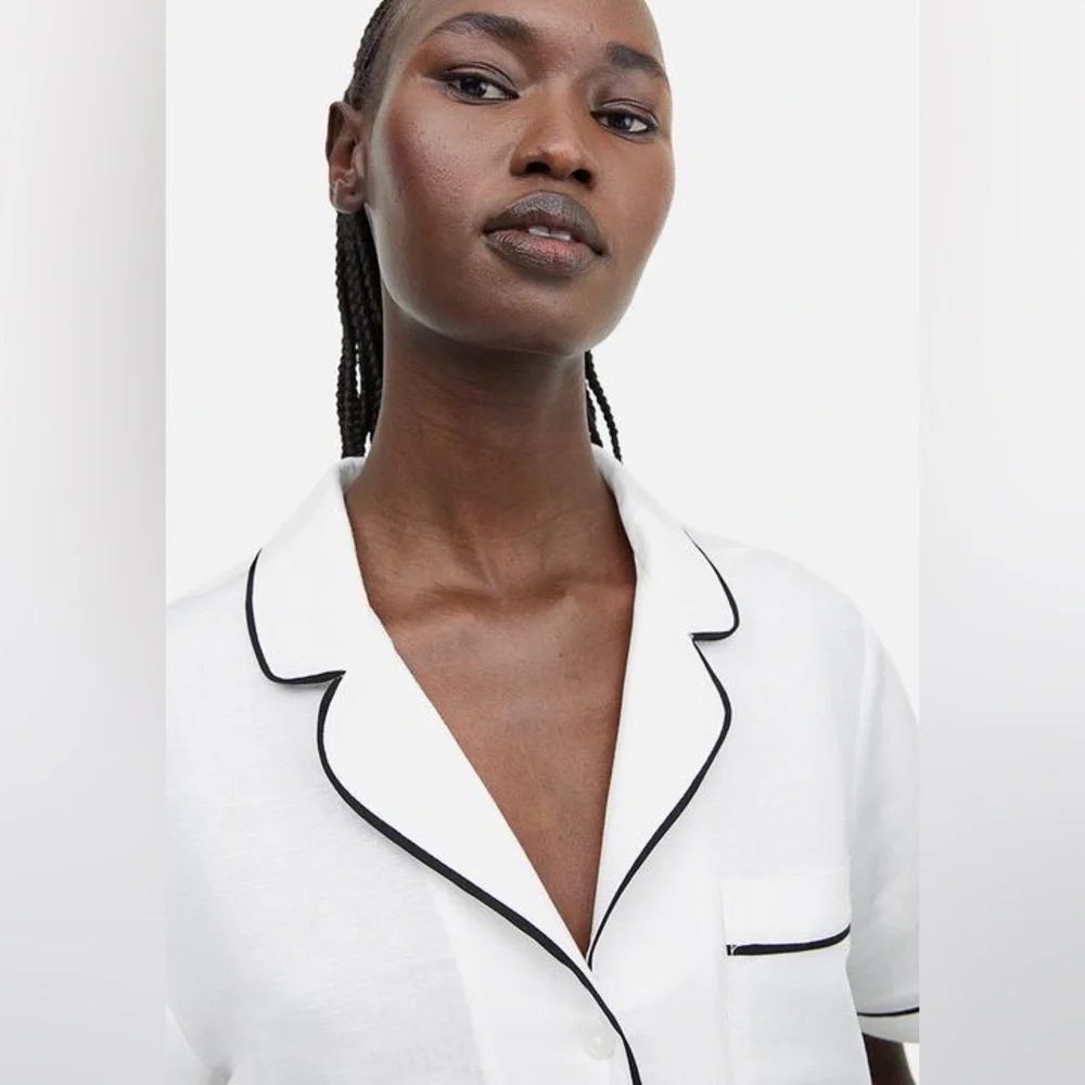 H&M Linen Blend Short Sleeved Shirt White Black Size Medium - Picture 13 of 13